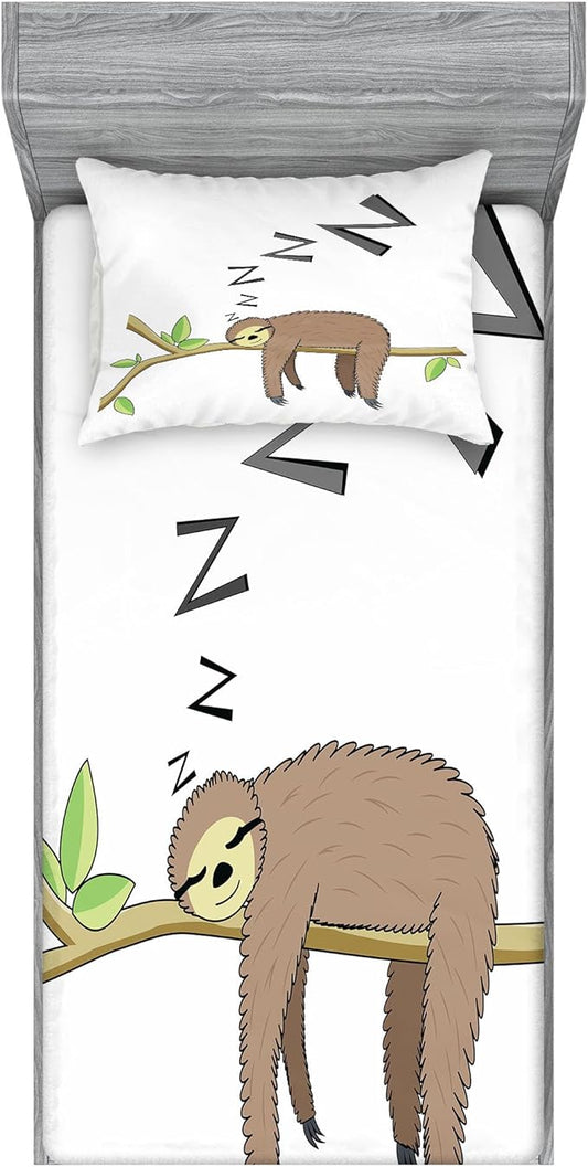 Ambesonne Sloth Fitted Sheet & Pillow Sham Set, Arboreal Mammal Sleeping on Branch in Forest Lazy Mood Resting Relaxing Theme, Decorative Printed 2 Piece Bedding Decor Set, Twin, Grey Green Brown