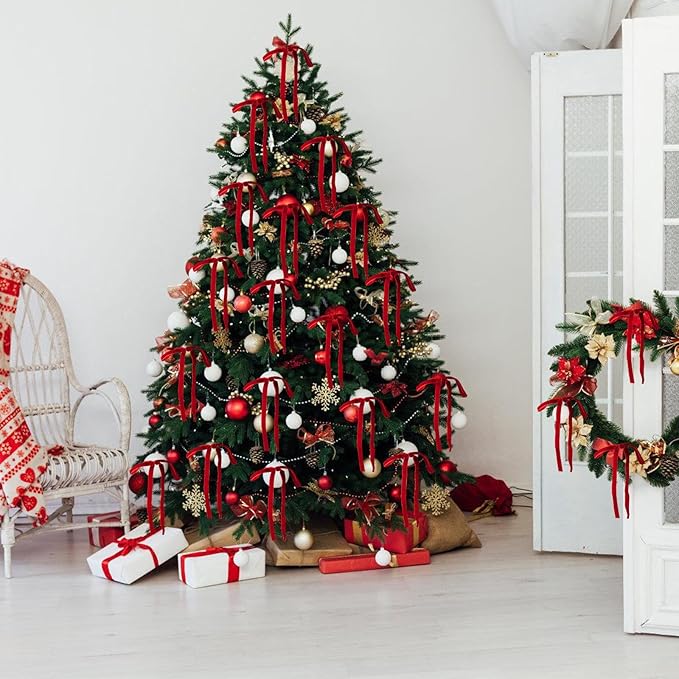 24Pcs Velvet Ribbon 5 x 7 Inch Christmas Ribbon 3/8 Inch Wide Christmas Bows Vintage Velvet Bows for Christmas Tree Red Bows for Christmas Tree Decorations