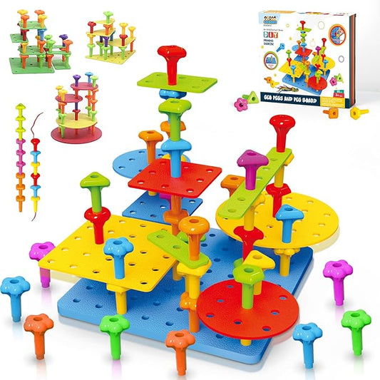 Peg Board Toy set 70Pcs DIY Building Stacking Toys for Kids 3-6 Years Old,STEM Educational Kids Toy for Brain Development,Montessori Sensory Toys,Upgrade Various Foam Board Plastic Lacing String Game