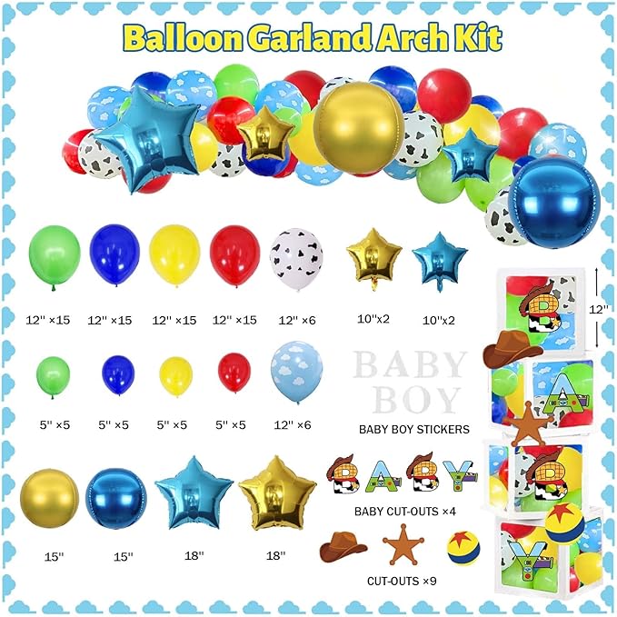 135 PCs Cartoon Toy Baby Shower Decorations, Homond Toy Themed It’s A Boy Story Decorations Backdrop Balloon Garland Arch Banner Box Cutout Tablecloth Cake Cupcake Topper Sash Blue