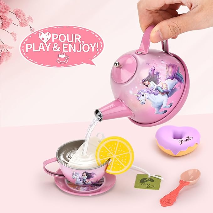 Toddlers Unicorn Tea Party Set for Little Girls, Pretend Tin Teapot Set, Princess Tea Time Play Kitchen Toy with Dessert, Doughnut, Carrying Case for Birthday Easter Gifts Age 3 4 5 6