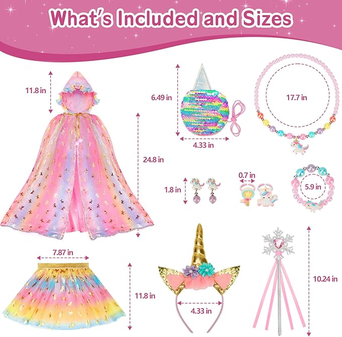 Princess Dress Up for Girls, Light Up Princess Costume Cape Set, Birthday Gifts Toys for Girls 3 4 5 6 Years Old