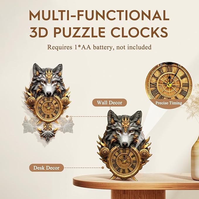 3D Puzzles for Adults Clock-Gray Wolf Design Model Kit-Mechanical DIY Pendulum Clock with Roman Numerals-Desk Home Office Decor Personalized Gift for DIY Lovers
