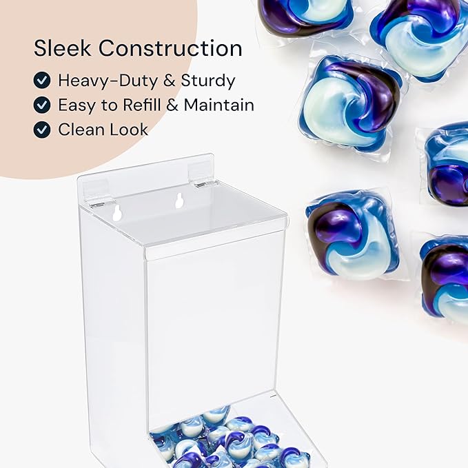 Acrylic Laundry & Dishwasher Pod Dispenser - Large Clear Acrylic, 2 Lids - Wall-Mount Or Countertop Gravity Feeder - Organization & Storage for Laundry Pods & Candy Dispenser
