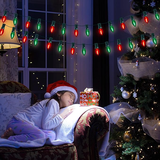 C7 LED Red and Green Christmas Lights 25Ft LED Outdoor String Lights with 27 Clear Red & Green Bulbs, Vintage Christmas Lights for Tree Carnival Patio Wedding Holiday Pathway Roofline Decor