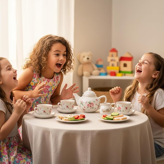 Porcelain Tea Set for Toddlers, Tea Party Set for Little Girls, Pink Floral Teapot Cup Saucer Carry Case, Princess Party Pretend Play Kids Toys, Toddler Girl Birthday Gifts Age 3 - 8 Years Old