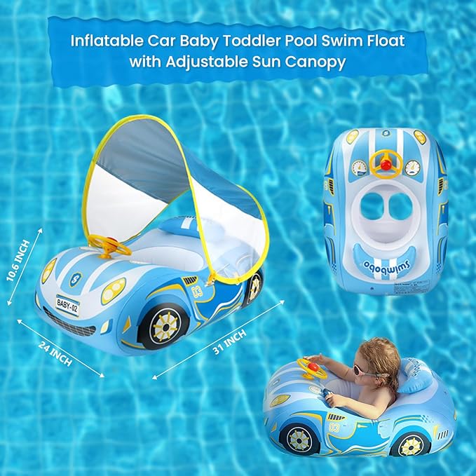 3D Car Thick PVC Inflatable Baby Swim Pool Float with Sun Shade Cover and Steering Wheel - Age 1-4 Years Old