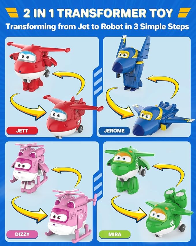 Super Wings Toys, Transformer Toys 2 Inch, Airplane Toy for Kids 3-5 Years Old, 15 Packs Transforming Jet Playset, Real Mobile Wheels, Birthday Party Supplies for Preschool Boys and Girls
