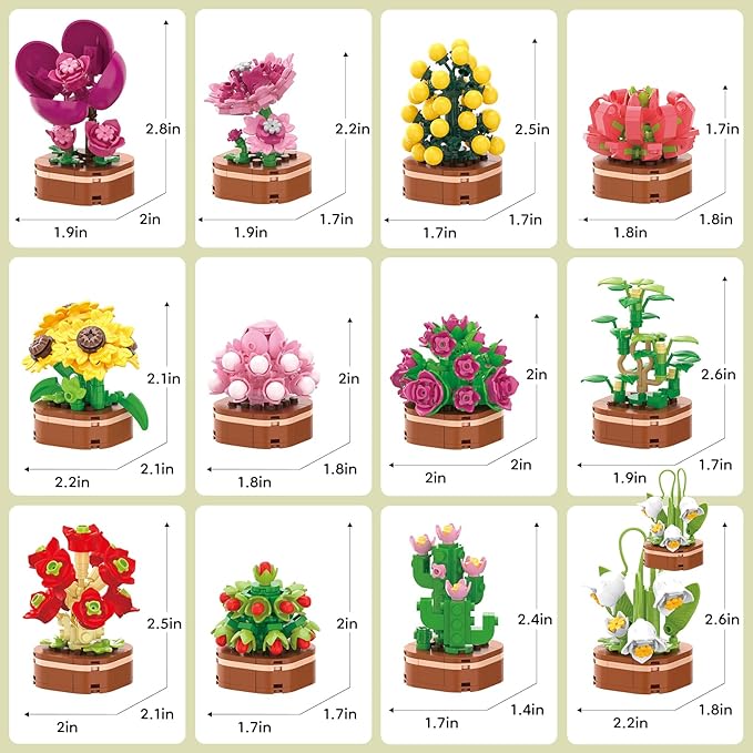 12 Pack Flower Succulent Building Block Set, 1001 Pcs DIY Creative Flowers Model Kit for Adults and Teens, Artistic Floral Home Decor, Perfect Christmas Birthday Gift for Loved Ones