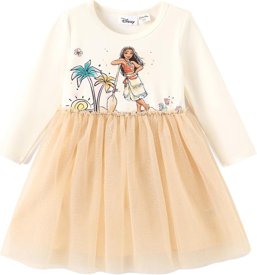 Disney Frozen Elsa Princess Cinderella Ariel Jasmine Rapunzel Baby/Toddler Dress, Ruffle Long-Sleeve Mesh Overlay Tulle Dress