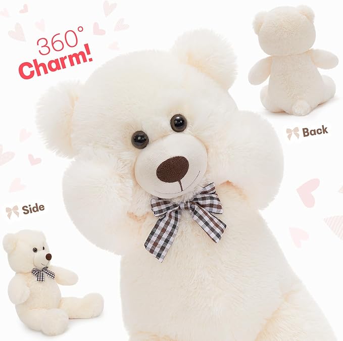 MorisMos Bow Tie Teddy Bear Stuffed Animal, 20 Inch Classic Stuffed Bears Plush, Cuddly Hugging Bear Gift for Toddler, Kids, Baby Shower & Birthday, White