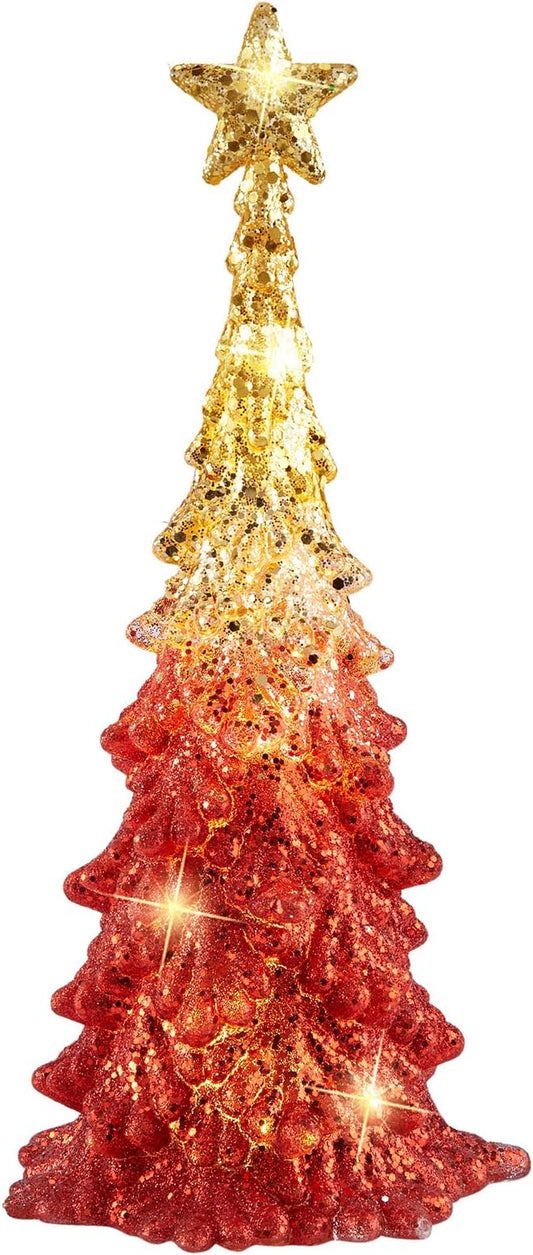 Valentine’s Day Gift 11 Inch Tabletop Christmas Tree with Sparkling Glitter - Battery Operated Acrylic Lighted Christmas Tree for Home Office Valentine’s Day Decor, Warm White Glow