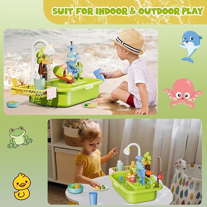 3 in 1 Play Sink with Running Water, Play Kitchen Sink Toy with Electric Faucet/Play Food/Pool Toys/Fishing Game, Pretend Play Water Table for Toddlers 3-5, Water Toys for Kids Ages 4-8