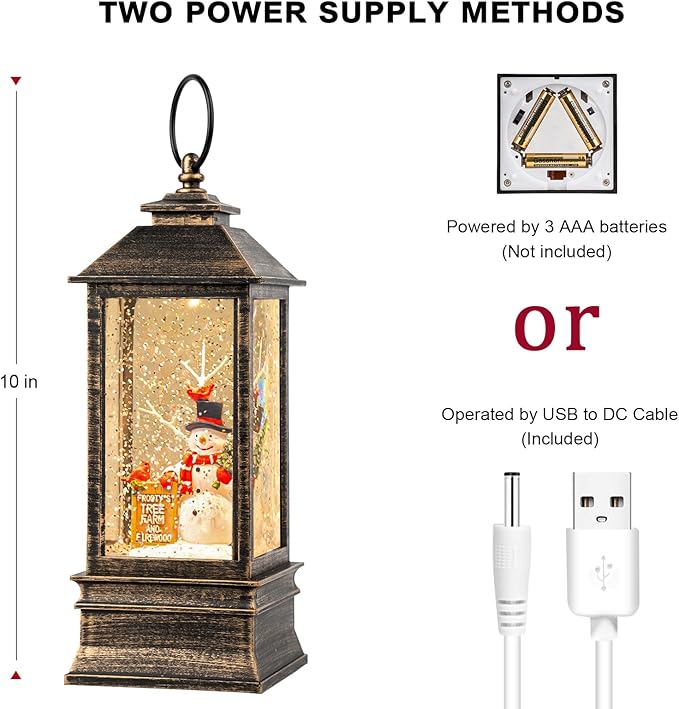 10'' Frosty's Tree Farm Snowman Musical Lighted Snow Globe Water Lantern with Swirling Glitter Decoration for Christmas Home, Living Room, Battery Operated or USB Powered