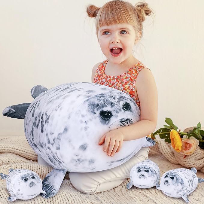 Achwishap 4pcs Seal Plush Pillow,Seal Stuffed Animal Mommy with 3 Seal Baby Plush Toy,Cute Plushie Seal Hugging Pillow Cuddle Plushie for Kids Girls Boys Gifts(Seal Family,19.6”,Gray)