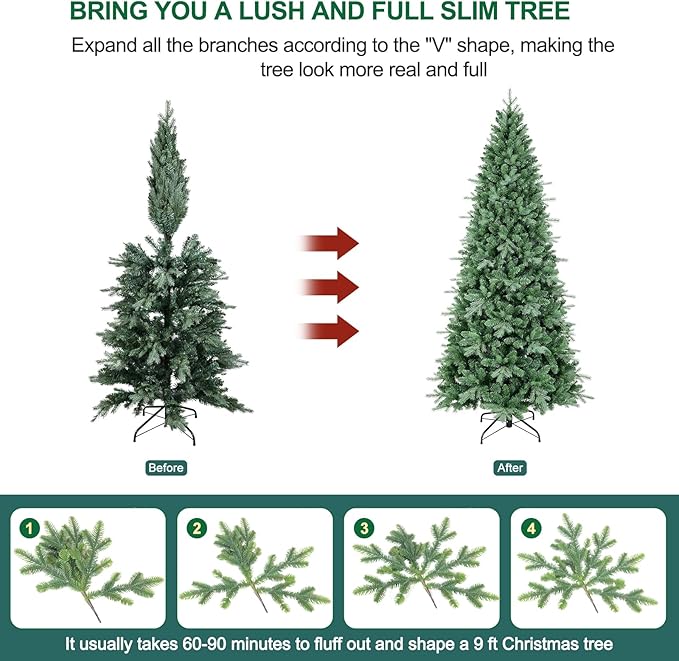 9 FT Artificial Skinny Christmas Tree,Unlit Blue Spruce Slim Pencil Xmas Tree with 2545 PE&PVC Mixed Branch Tips,Hinged Pine Tree with Metal Stand for Home Office Décor