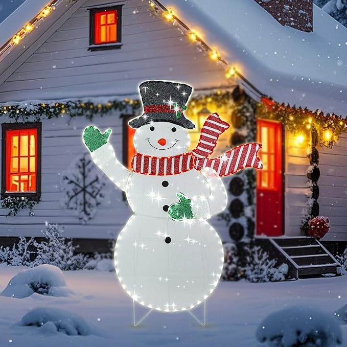VCUTEKA Christmas Outdoor Decorations - 5.3FT Christmas Glittering Snowman with Red Scarf and Black Hat LED Light for Xmas Home Yard Patio Lawn Garden Festive Holiday Décor