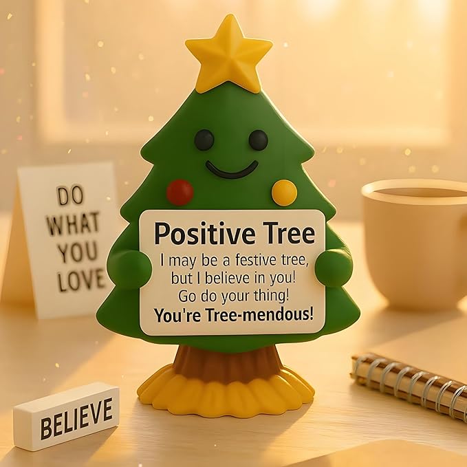 iStatue Mini Christmas Tree Hand-Painted Resin Positive Figurine, 5'' Xmas Decoration Indoor Desk Décor | Cute Motivational Gift, Stocking Stuffer, Holiday Mantel & Office (Green Tree)