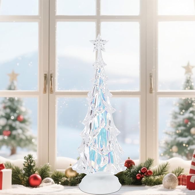 Acrylic Christmas Tree Table Decor, 14" Light up Color Changing Christmas Tree Figurine, Battery Operated Home Decorations Gift for Indoor Holiday Party Mantel Fireplace Centerpiece Decor