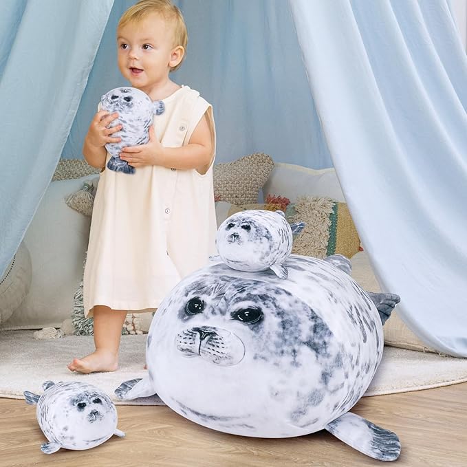 Achwishap 4pcs Seal Plush Pillow,Seal Stuffed Animal Mommy with 3 Seal Baby Plush Toy,Cute Plushie Seal Hugging Pillow Cuddle Plushie for Kids Girls Boys Gifts(Seal Family,19.6”,Gray)