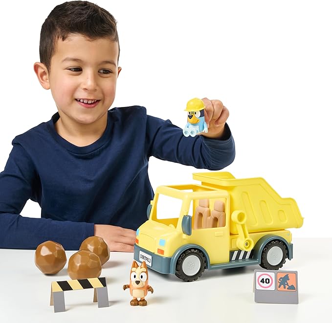 Bluey Dump Truck Toy with Hard Hat Muddy Bingo Figures | Load & Unload Rocks - Includes Safety Signs & Stickers | for Kids Ages 3+