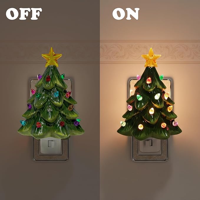 Christmas Decorations, Ceramic Christmas Tree Night Light, 1 Pack Vintage Christmas Decorative Night Light with ON/Off Switch, Holiday Decor Indoor for Bedroom & Hallway