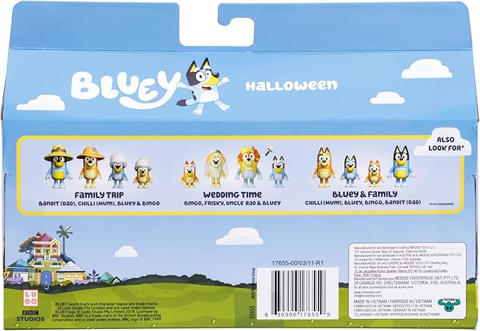Bluey Halloween Figure 4-Pack - 2.5" Poseable Figures of Bluey, Bingo, Chloe & Lucky in Costumes With Accessories - Kids Can Recreate Favorite Moments From TV Show