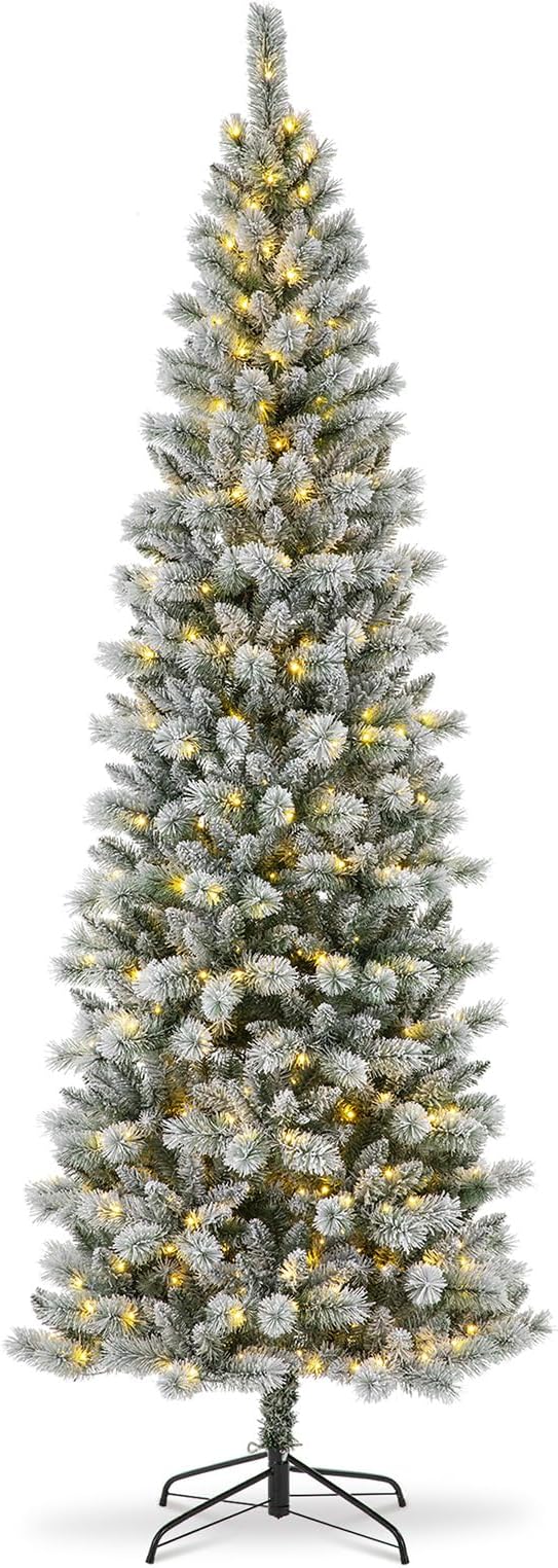 Glitzhome 9ft Prelit Christmas Tree, Artificial Christmas Tree Portland Snowy Pine Flocked Pencil Christmas Tree with 450 LED Lights, 9 Functional Warm White/Multi-Color, Remote Controller