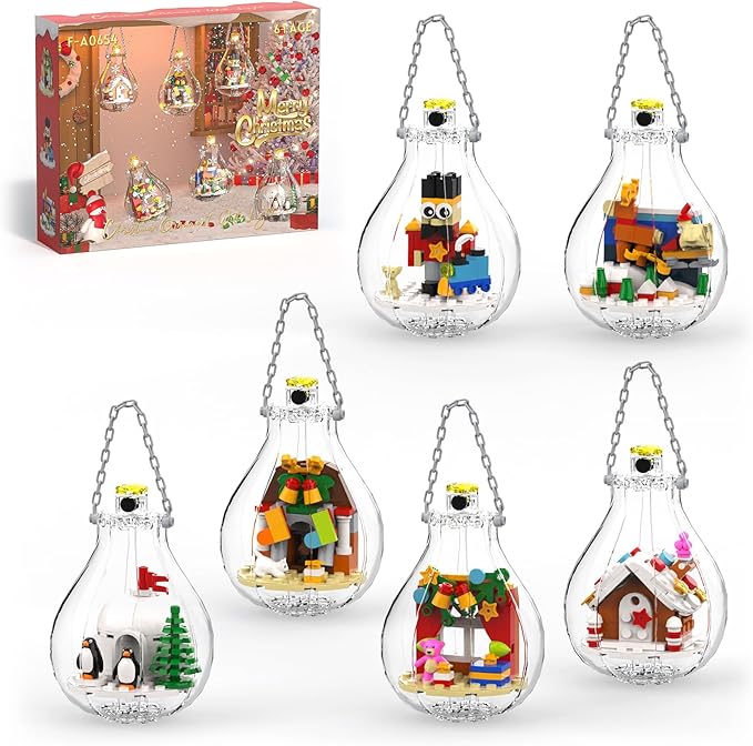 6 Pack Christmas Tree Bulb Ornament with Light Building Set, Including Gingerbread House, Penguin House, Christmas House, Fireplace, Nutcracker, Reindeer, Stocking Stuffer Toy Gifts for Kids.(405PCS)