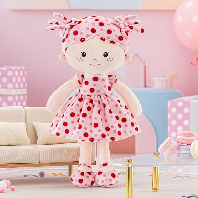 Onetoo First Baby Doll Soft Baby Doll for Girls Plush Rag Doll Sleeping Cuddle Buddy Doll Wear Pink Dress Red Polka Dot 14"