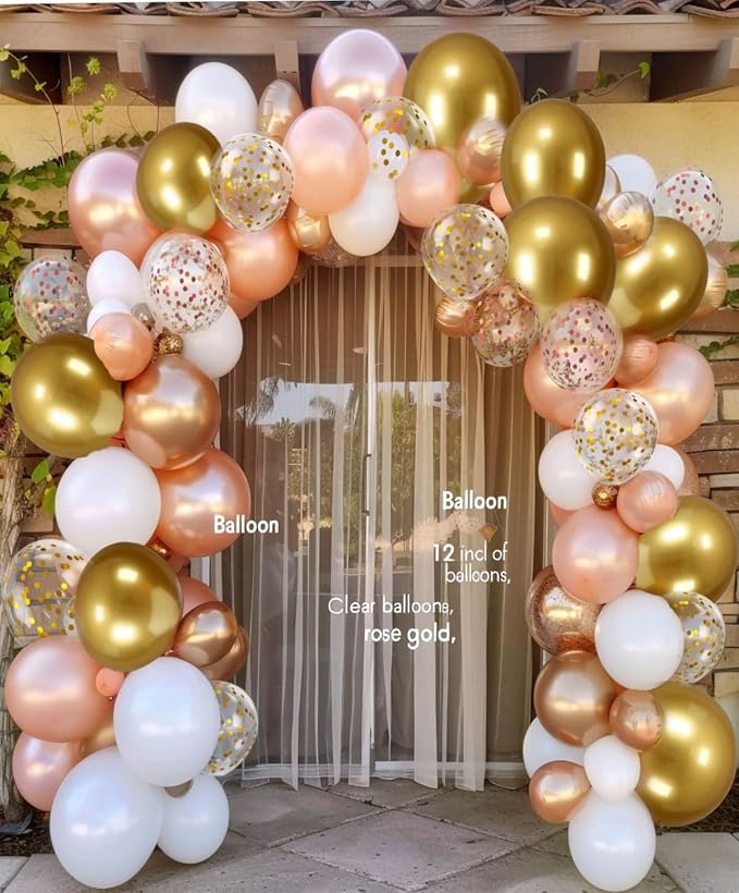 300 Pcs Rose Gold Confetti Balloons Set Lncludes 12 inch Gold White Rose Gold and Confetti Balloons, for Wedding, Graduation, Birthday Party Various Event Decorations