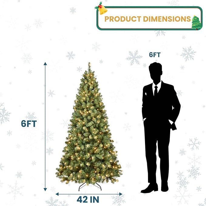 Kadunmina 6ft Pre-lit Christmas Tree, Prelit Artificial Spruce Xmas Trees with 300 Incandescent Warm White Lights, 779 Branch Tips and Metal Stand for Home, Office, Holiday Decor,Green