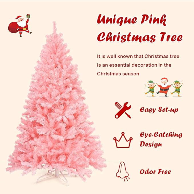 GOFLAME 6 ft Pink Artificial Christmas Tree, Hinged Spruce Full Tree w/Foldable Metal Stand, Cherry Blossom Color, 1036 Tips Christmas Tree for Home Office Party Decoration, Easy Assembly