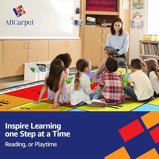 Music Note Classroom Rug 7'5"x13' Elementary Music Classroom Seating Rug with 24 Seats Colorful Muiscal Area Rug for Nursery, Preschool, Kids Room and Music Studio