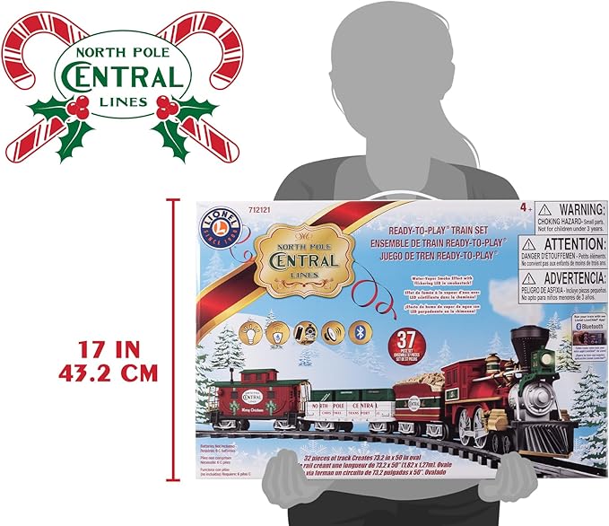 Lionel Battery-Operated North Pole Central Freight Toy Train Set with Bluetooth, Locomotive, Train Cars, & Track with Authentic Train Sounds, Lights, & Water Vapor Smoke Effects for Kids 4+