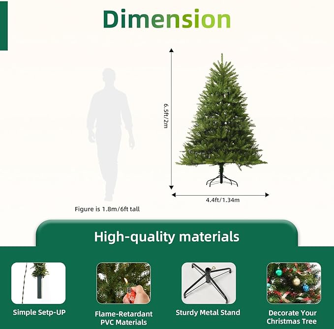 6.5FT Unlit Christmas Tree Green, Dunhill Fir Artificial Tree with 1838 PVC Branch Tips, Realistic Full Shape, Foldable Metal Stand for Indoor Home, Office & Holiday Decoration