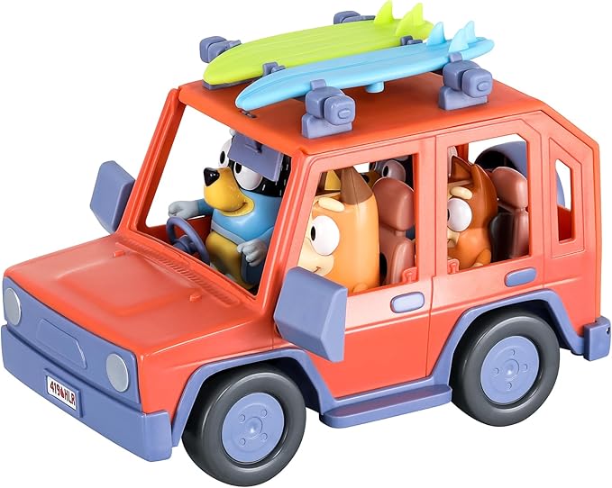 Bluey Heeler Family 4WD Car Toy with 4 Figures | Includes 2 Surfboard and Sticker Sheet, Perfect for Kids Ages 3+, Amazon Exclusive