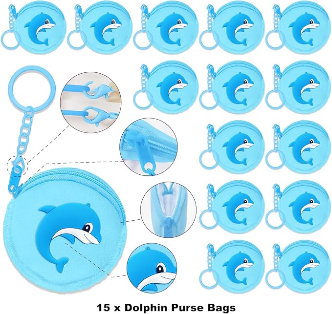 15 Pack Dolphin Mini Coin Purses with Keyring for Dolphin Ocean Sea Animals Under the Sea Themed Party Supplies, Kids Baby shower Birthday Decoration,Blue
