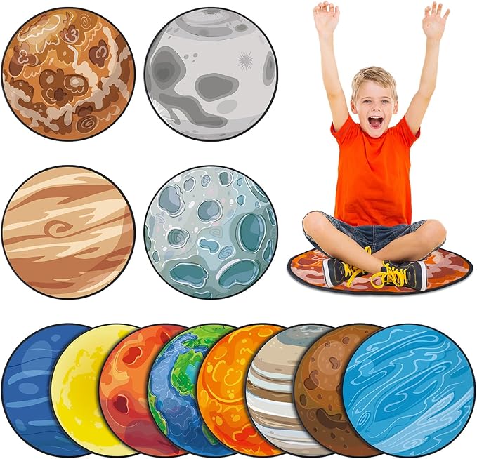12 Pcs Kids Carpet Circle Seats for Classroom 16 Inch Round Floor Mat Kids Floor Cushions Soft Educational Classroom Rug Non Slip for School Learning Playing Areas(Space Planet)