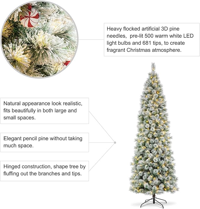 Glitzhome 9ft Prelit Christmas Tree, Flocked Pencil Artificial Christmas Tree with 500 Warm White Lights, Pine Christmas Trees w/Foldable Metal Stand for Home, Office, Party Decoration, Easy Assembly