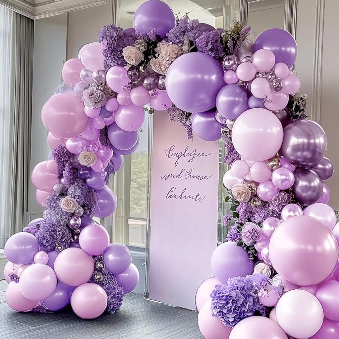 Pearl Purple Balloon Arch, Double Stuffed Light Pastel Purple Balloons Different Size Lavender Lilac Latex Balloon Garland Kit for Birthday Bridal Wedding Baby Shower Party Decorations
