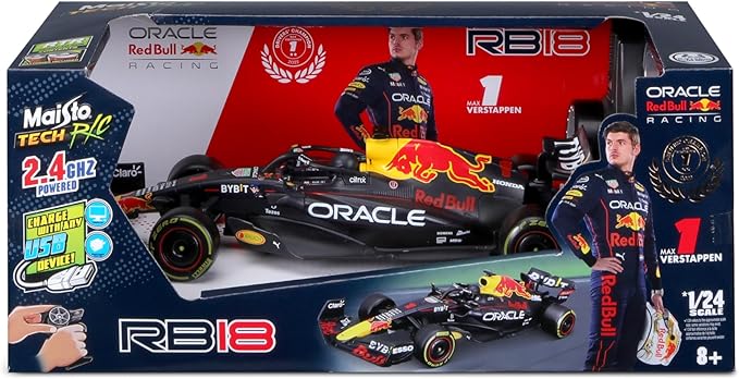 Maisto Tech R/C F1 Red Bull Racing RB18 (2023): 1:24 Scale Remote Control Car, Faithful Formula 1 Car, 2.4 GHz, Pistol Grip Control, 23 cm, Black (582356)