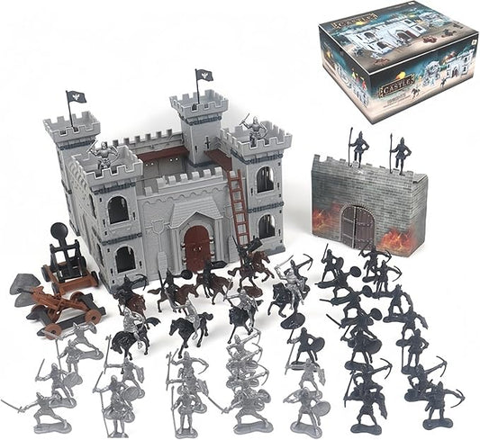 Medieval Castle Knight Toy Soldier Army Men Figurines, DIY Assembly Kit with Detachable Castle, 8 Knights, 8 Horses, 36 Soldiers, Simulated Siege War of Attack