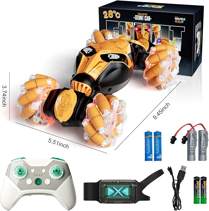 Gesture Sensing RC Car Hand Controlled Remote Control LED Car Toys for Kids 8-12 Years Old, 2.4GHz 4WD Double Sided 360° Flips Off Road Vehicle Toys w/Lights&Music, Boys Grils Brithday Gift