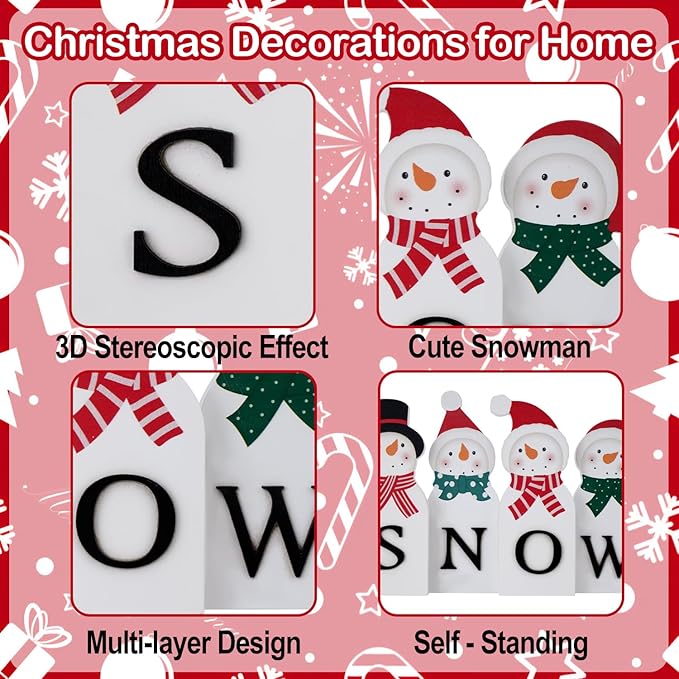 Christmas Decorations for Home Farmhouse Snowman Decor Indoor Wooden Merry Christmas Sign Rustic Holiday Tabletop Block Xmas Party Gift