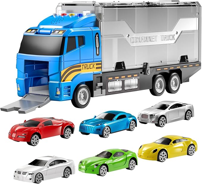 TEMI Transport Cars Carrier Set Toys w/Play Mat, Die-cast Vehicles Truck Alloy Metal Race Model Car Toys for Toddler Age 3-9 Kids Boys & Girls