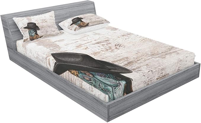Ambesonne Western Fitted Sheet & Pillow Sham Set, Traditional Rodeo Cowboy Hat and Cowgirl Boots Retro Grunge Background Art Photo, Decorative Printed 3 Piece Bedding Decor Set, Queen, Black Brown