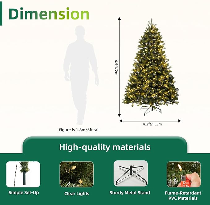 6.5FT Pre-Lit Artificial Christmas Tree with 650 White Lights,1227 Mixed PE&PVC Branch Tips,Green Full Downswept Douglas Fir Xmas Tree,Foldable Metal Base for Home, Party Holiday Décor