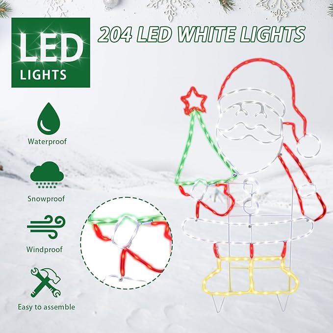 Outdoor Christmas Santa Decoration Christmas Lighted Santa Clause with Tree Neon Rope 204 LED Lights Decoration for Xmas Home Pathway Lawn Party Display