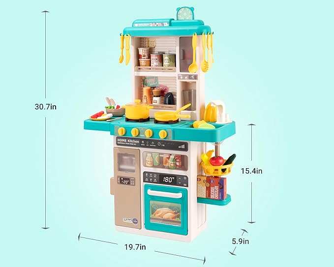 Kids Kitchen Play Set，Interactive Kids Kitchen Play Set with 50Pcs of Pretend Kitchen Toys，Realistic Sound Effects，and Simulated Functionality - Suitable for Toddlers Aged 3-5 Years (Green)